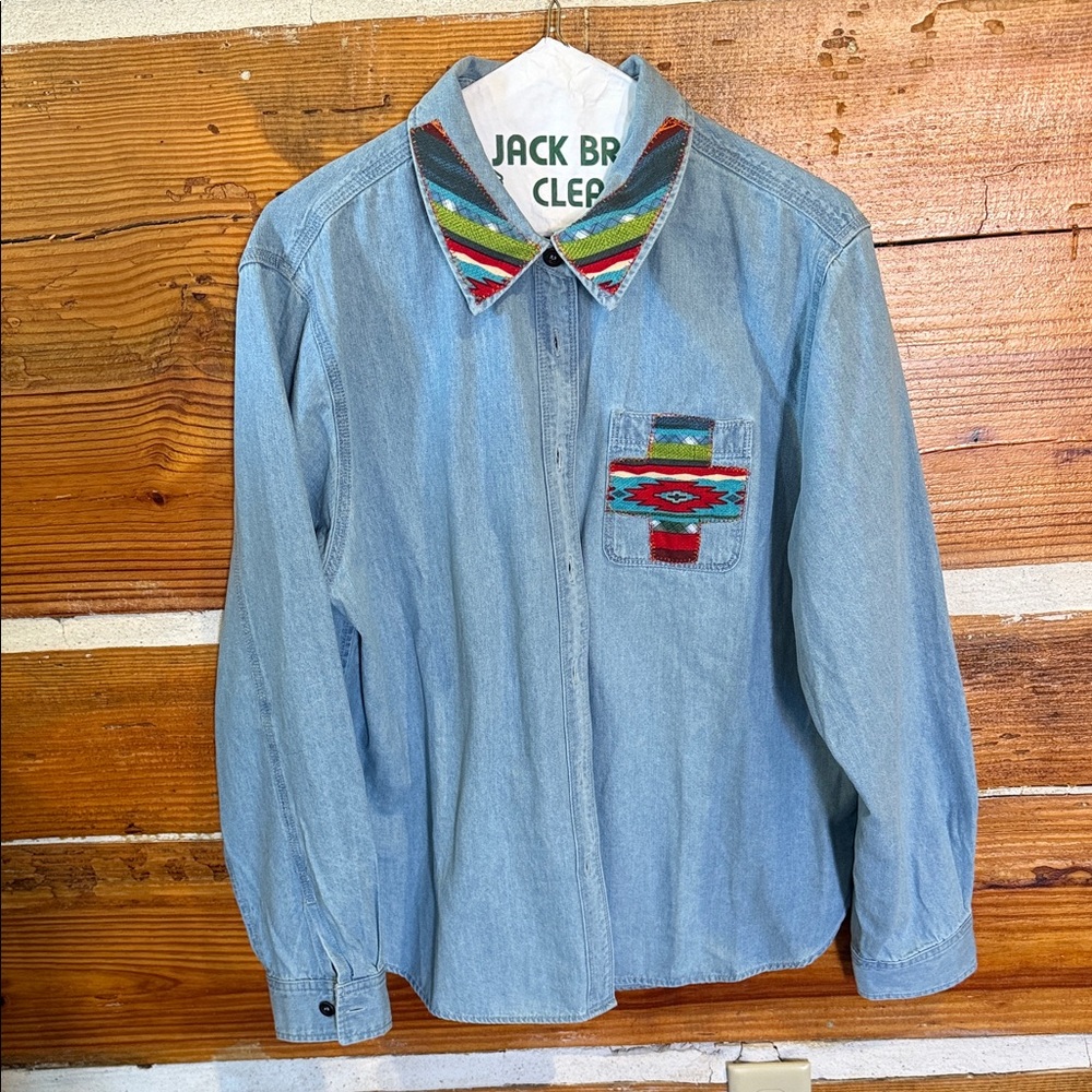 Appleseed's Light Blue Denim Shirt with Red & Green Southwestern Patch